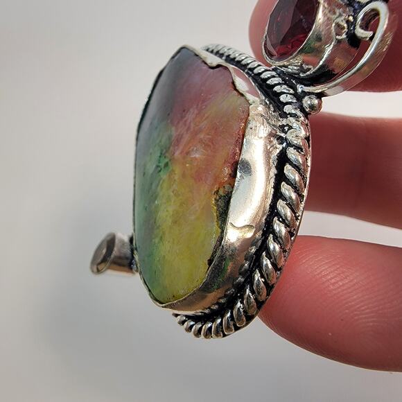 Handmade Sterling Silver Pendant with Rainbow Fluorite Garnet and Smoky Quartz - Picture 9 of 10